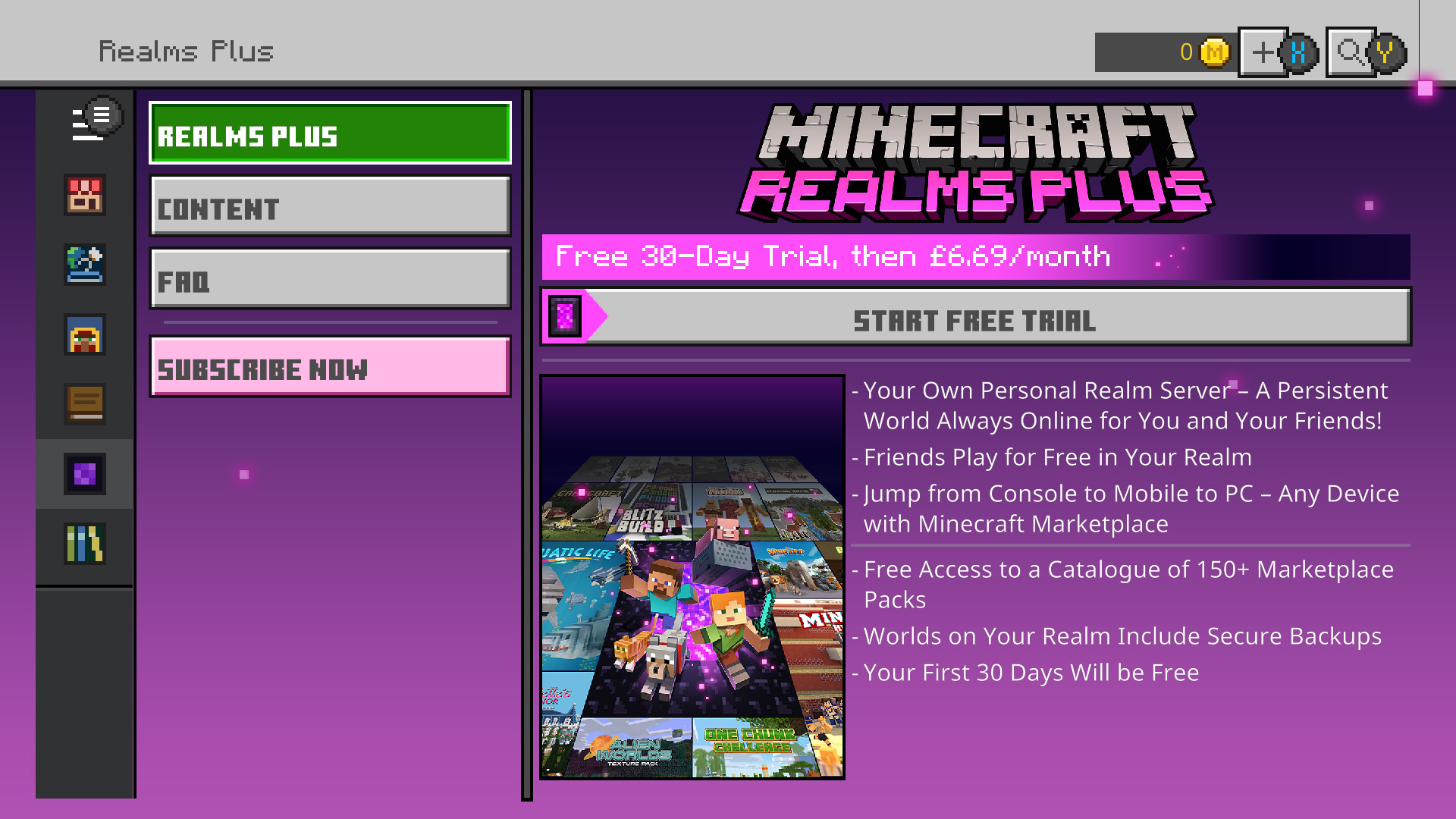 Minecraft Realms+ in-game interface showing content selection